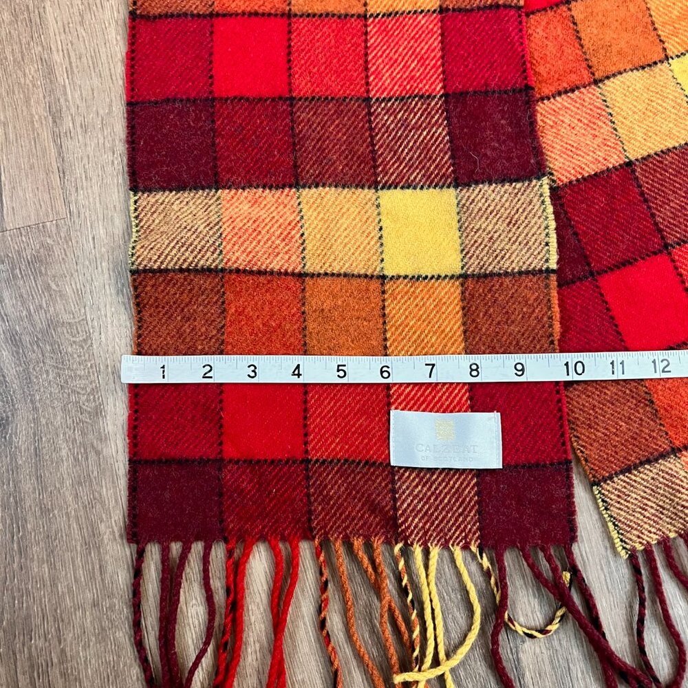Calzeat of Scotland Border Lambswool Scarf Red Yellow Color Block Plaid - Picture 4 of 8